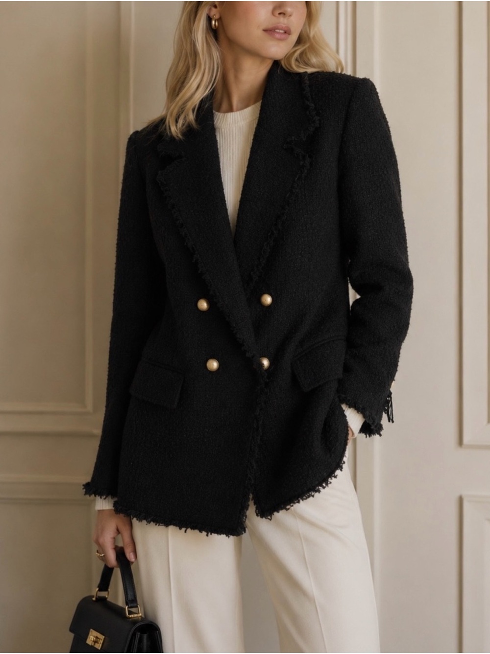 Mango Black Double-Breasted Tweed Blazer